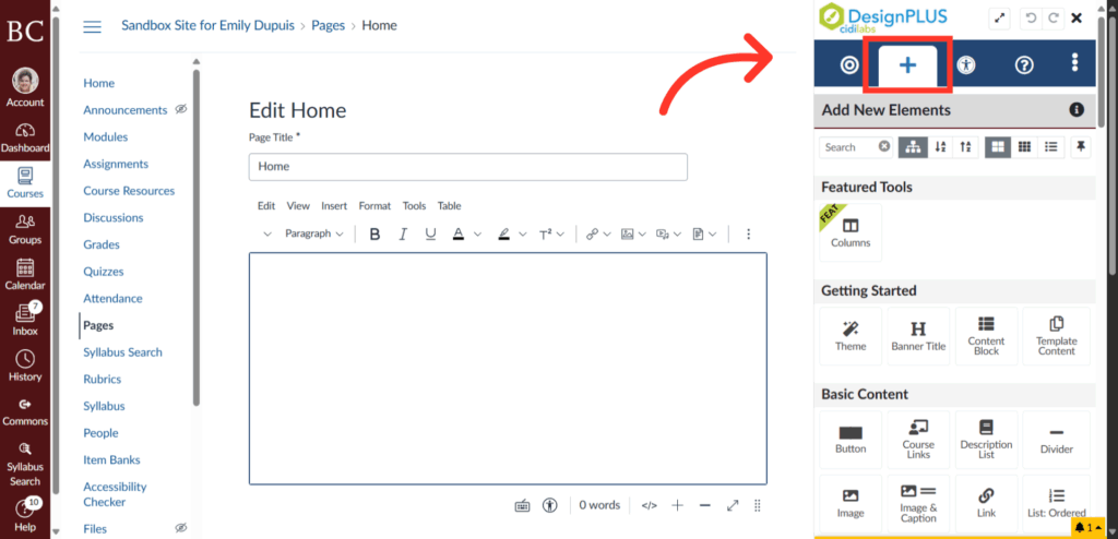 Screenshot of a webpage editor with an open Edit Home page. An arrow points to a plus sign in the DesignPLUS panel on the right, highlighting the option to add new elements to the page.