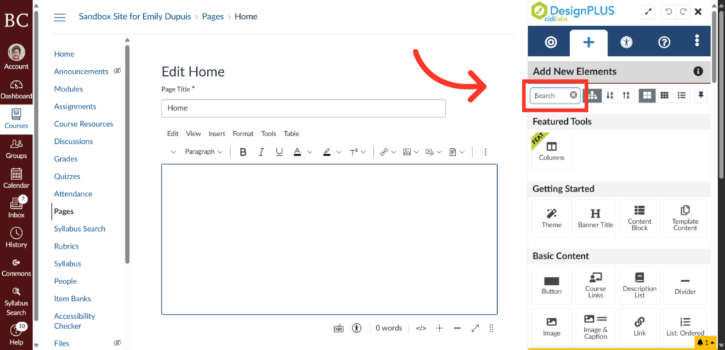 A screenshot of a webpage editor shows an Edit Home page on the left and an Add New Elements panel on the right, with a red arrow pointing to a highlighted search bar in the panel.