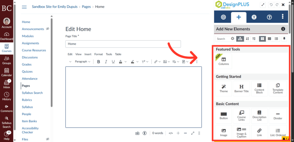 Screenshot of a website editing page with a highlighted sidebar titled Featured Tools showing options like Columns, Button, Image, Text, and more for adding elements to the page.