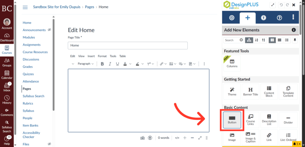 Screenshot of a website editing page with a large text box in the center and a menu on the right. A red arrow points to a highlighted Button option under Basic Content in the Add New Elements panel.