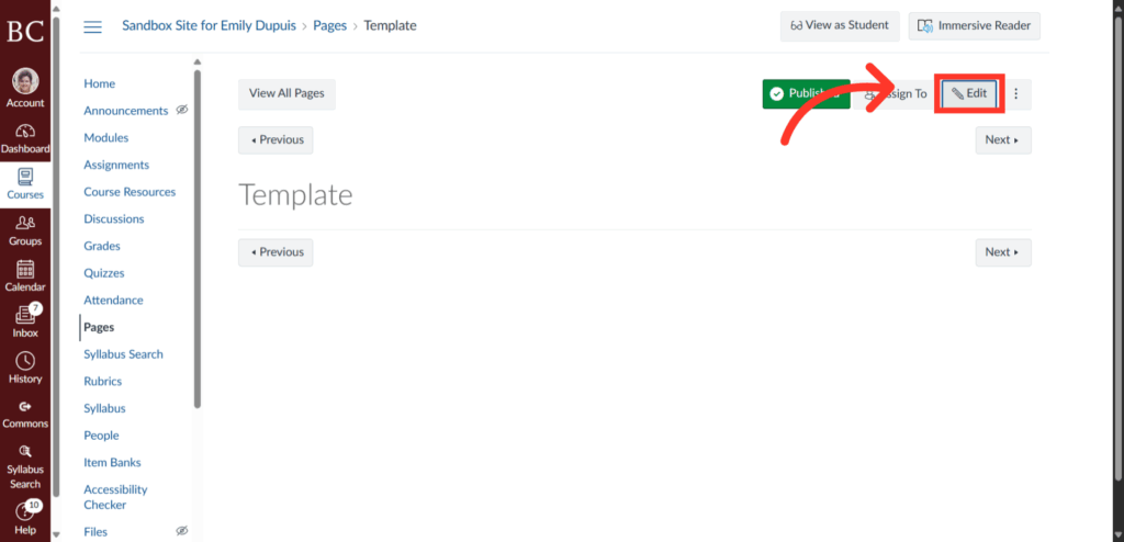 Screenshot of a webpage titled Template in Canvas LMS. A red arrow points to the Edit button on the top right, which is outlined, indicating where to click to edit the page.