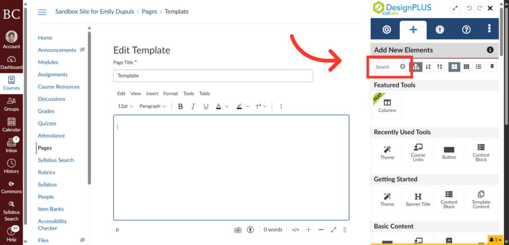 Screenshot of a webpage editor with a template named Template being edited. A red arrow points to the Search box in the Add New Elements panel on the right side.