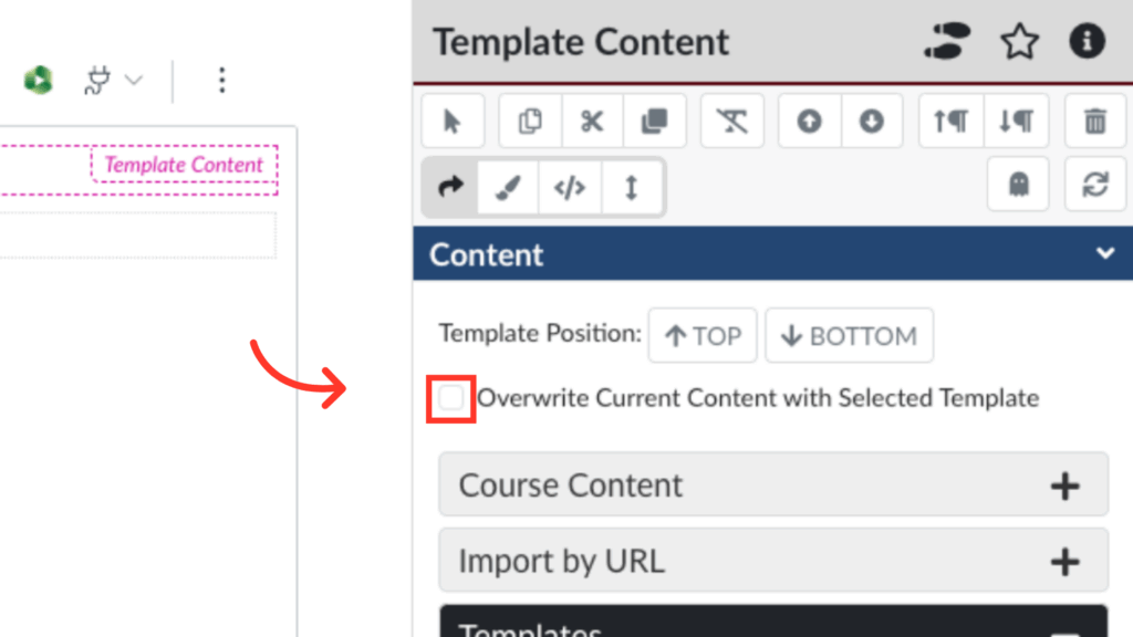 A red arrow points to an unchecked box labeled “Overwrite Current Content with Selected Template” in a website’s template content settings panel.