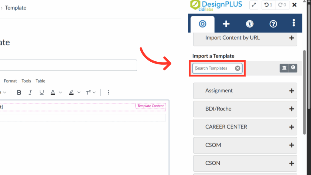 A screenshot shows the DesignPLUS template import menu with a red arrow pointing to the Search Templates search bar, highlighting where to search for templates. The editor and template list are also visible.
