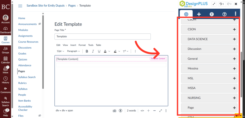 Screenshot of a webpage editing interface with a text box labeled Template Content on the left and a sidebar on the right showing category options such as JSON, DATA SCIENCE, General, and NURSING.