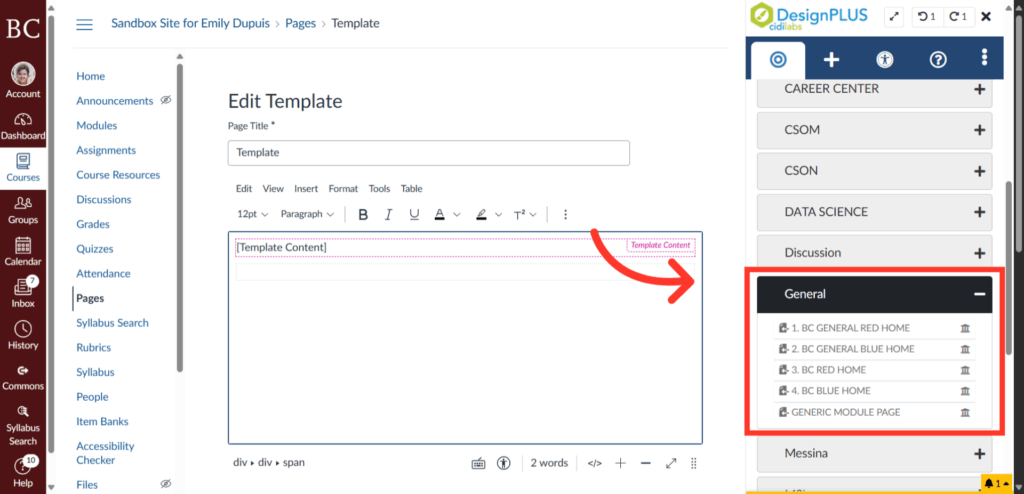 Screenshot of a webpage titled Edit Template with a text box labeled Template Content. An arrow points to a sidebar menu on the right, highlighting a General section with a list of module page links.