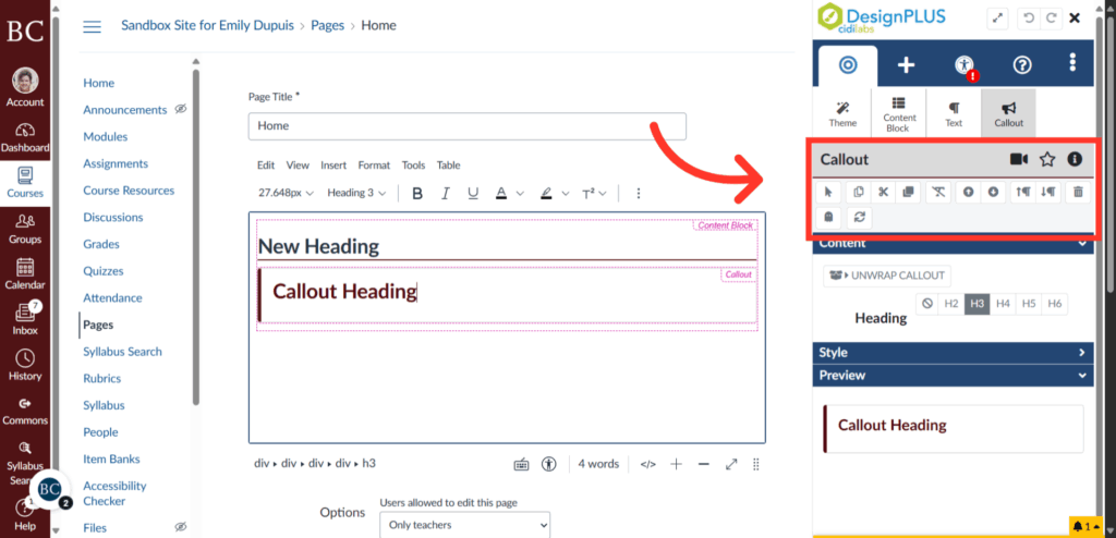 A screenshot of a webpage editor showing a highlighted Callout tool in the DesignPLUS sidebar. An arrow points to formatting options, and a sample Callout Heading is visible on the page in editing mode.