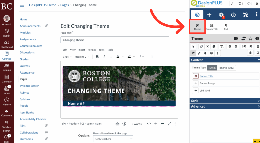 Screenshot of a DesignPLUS theme editor in Canvas LMS, showing a Boston College page. A red arrow points to the DesignPLUS tool icon in the sidebar menu above the theme settings panel on the right.