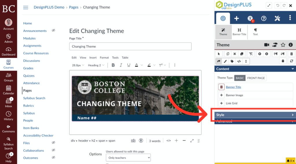 A screenshot of a webpage editor for Boston College showing a header image and the words “Changing Theme.” A red arrow points to the “Style” section in the theme editing panel on the right.