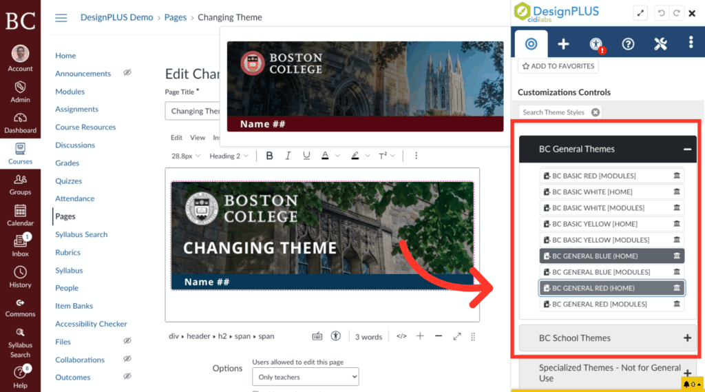 Screenshot of a web page editor showing two Boston College theme banners, a sidebar with theme options highlighted, and a red arrow pointing from the options to a preview of the selected banner style.