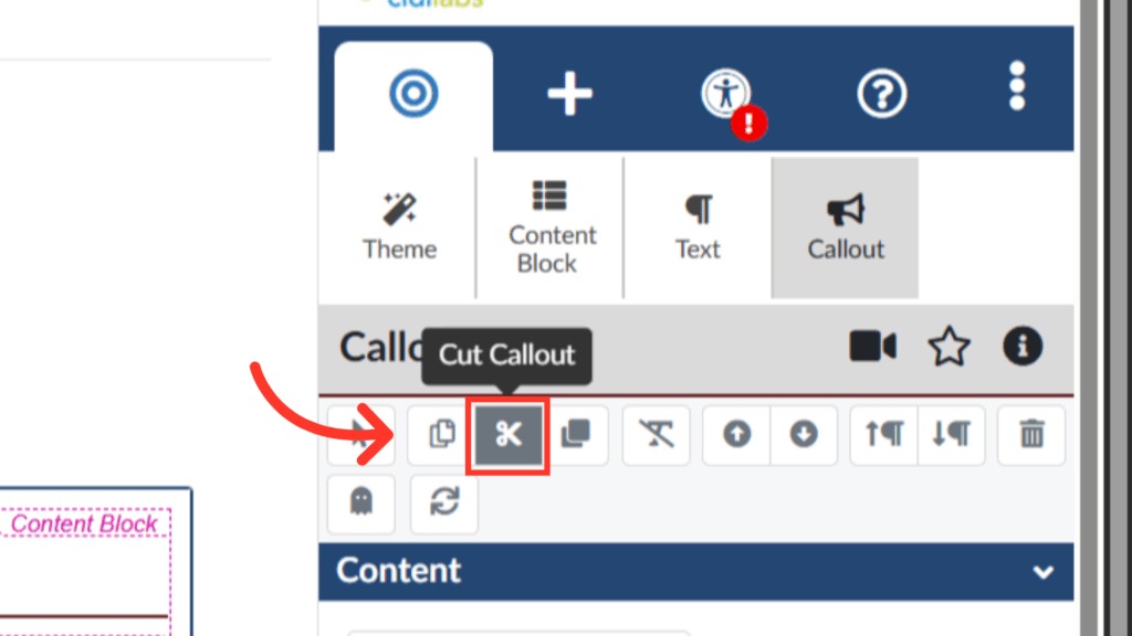 A screenshot of a website editor with a red arrow pointing to a scissor icon labeled Cut Callout in a toolbar, indicating the option to cut or remove a callout block.