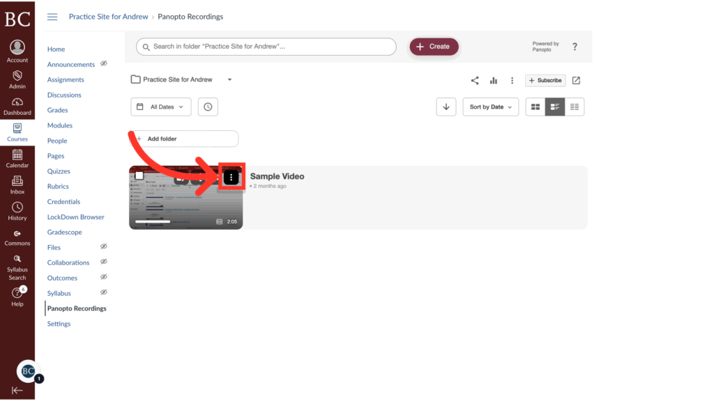 Screenshot of a web dashboard showing a highlighted video titled Sample Video with a red arrow pointing to its menu button. The left sidebar lists navigation options like Dashboard, Assignments, and Grades.