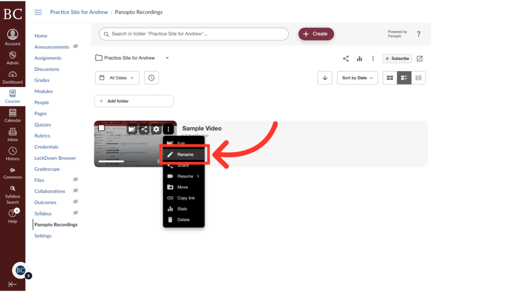 A screenshot of a video management interface shows a dropdown menu with the Rename option highlighted and a red arrow pointing to it next to a video titled Sample Video.