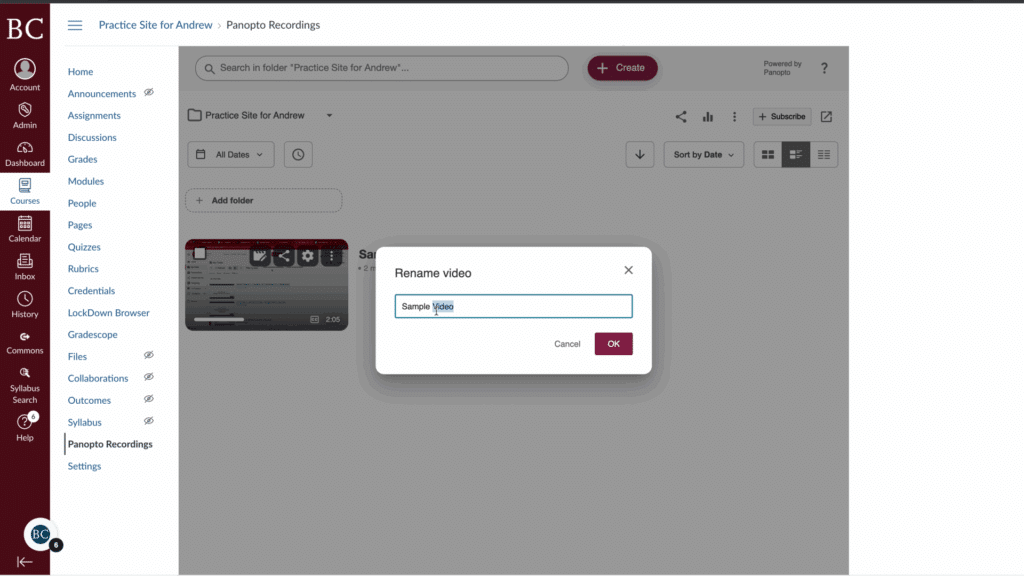 A pop-up window titled Rename video appears over a video management interface, with the text Sample Video being edited. The background shows a navigation menu and a video thumbnail on the left side.
