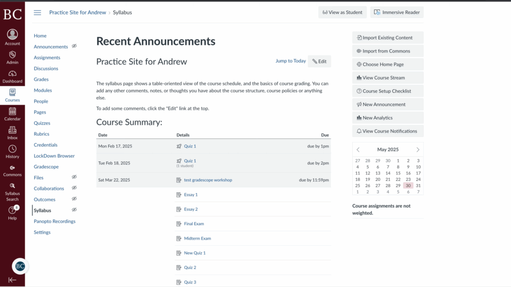 Screenshot of a course page titled Practice Site for Andrew on Canvas showing recent announcements, a course summary with exam and quiz dates, a sidebar with navigation links, and a calendar for May 2023.