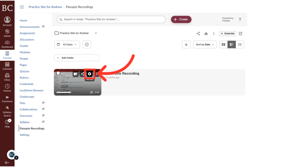 Screenshot of a learning management system with an arrow pointing to the Share icon on a Panopto video recording thumbnail under the Practice Site for Andrew folder.