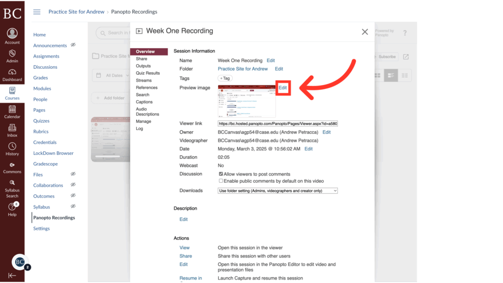 A screenshot shows a Panopto session details window titled Week One Recording, displaying video information. A large red arrow points to the Preview Image thumbnail in the center of the window.