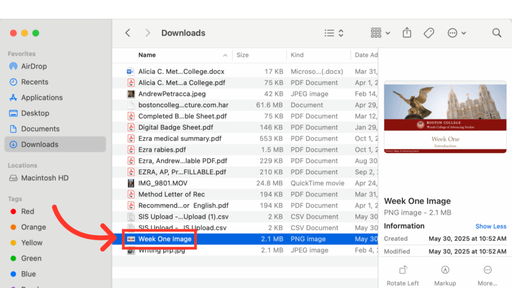 A computer screen shows the Downloads folder with a file named Week One Image highlighted. An arrow points to the file, and its preview with details is displayed on the right side of the window.
