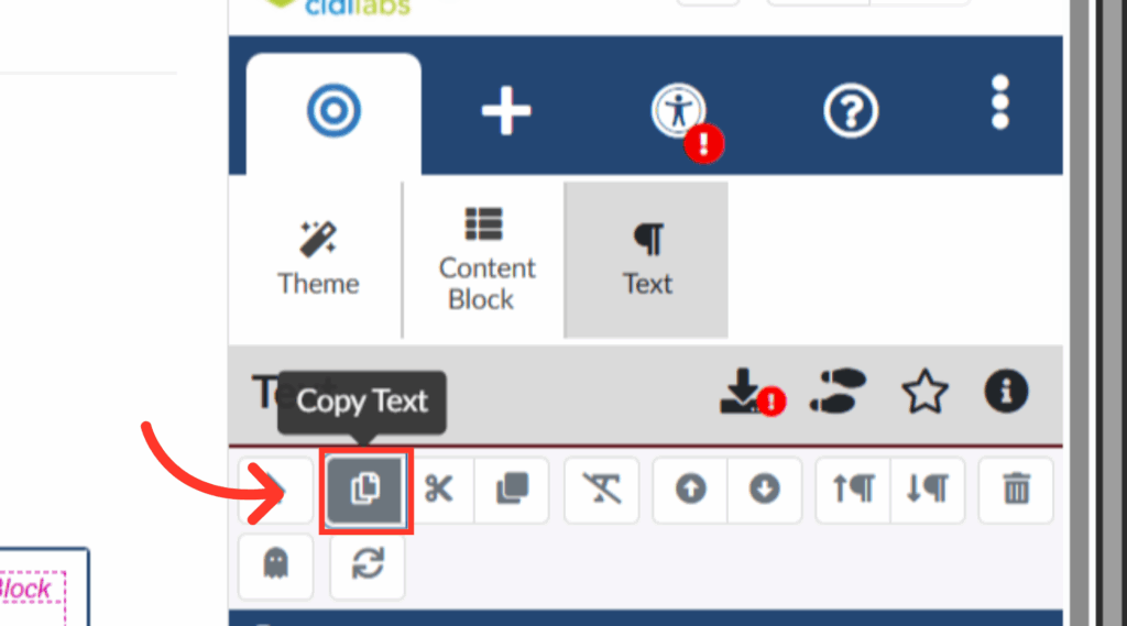A screenshot of a user interface shows a highlighted Copy Text button with an icon of two overlapping documents. A red arrow points to the button. Various other formatting icons are visible nearby.
