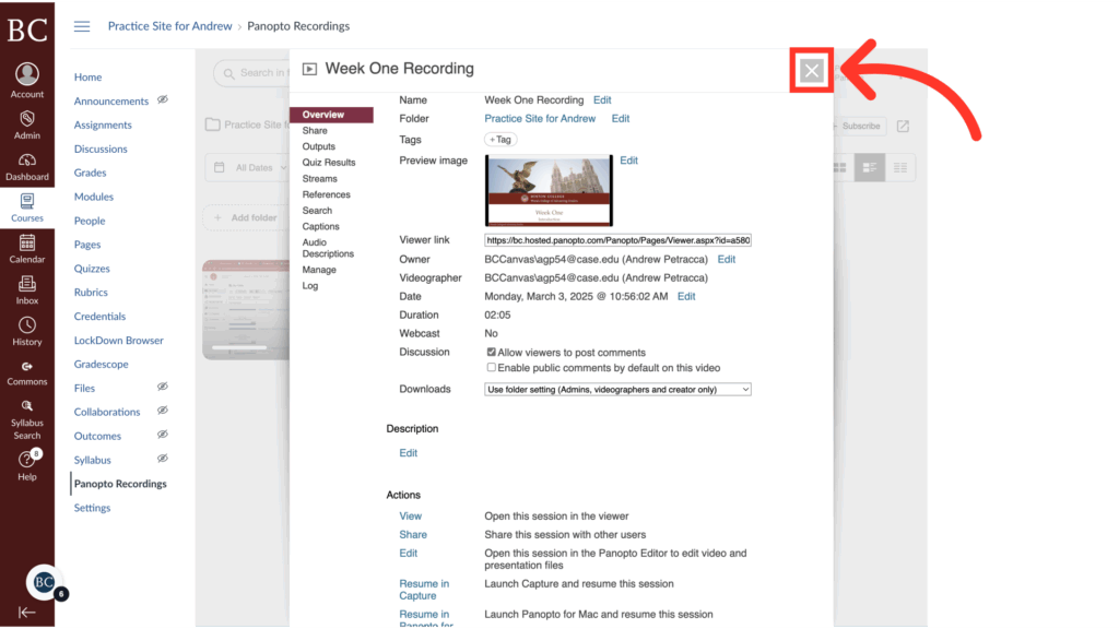 A webpage showing a Week One Recording details window with an X icon at the top right, highlighted by a large red arrow, indicating where to close the window.
