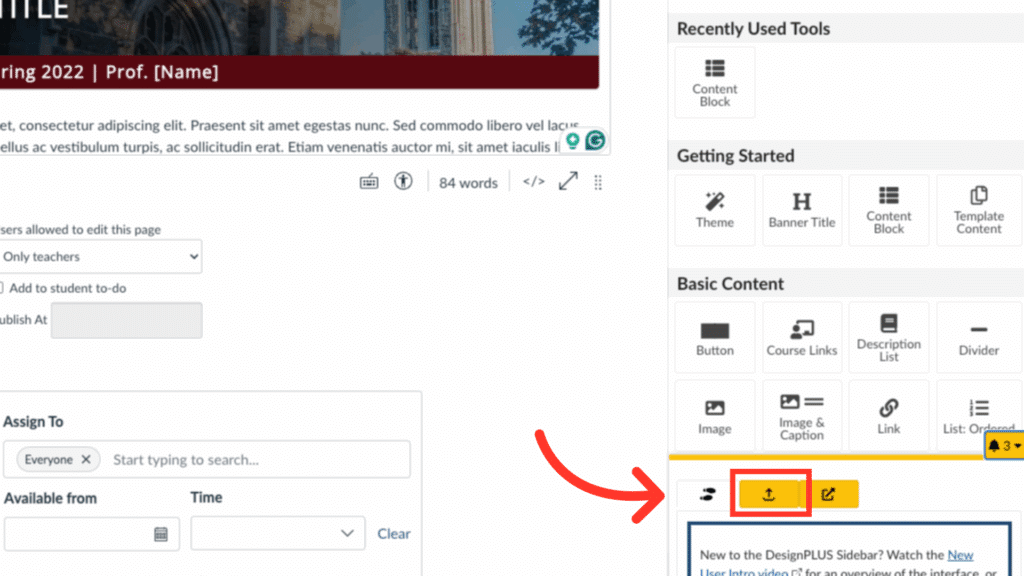 Screenshot of a web page editor with an orange arrow pointing to the yellow “Sync” button in the Basic Content tools section on the right sidebar.