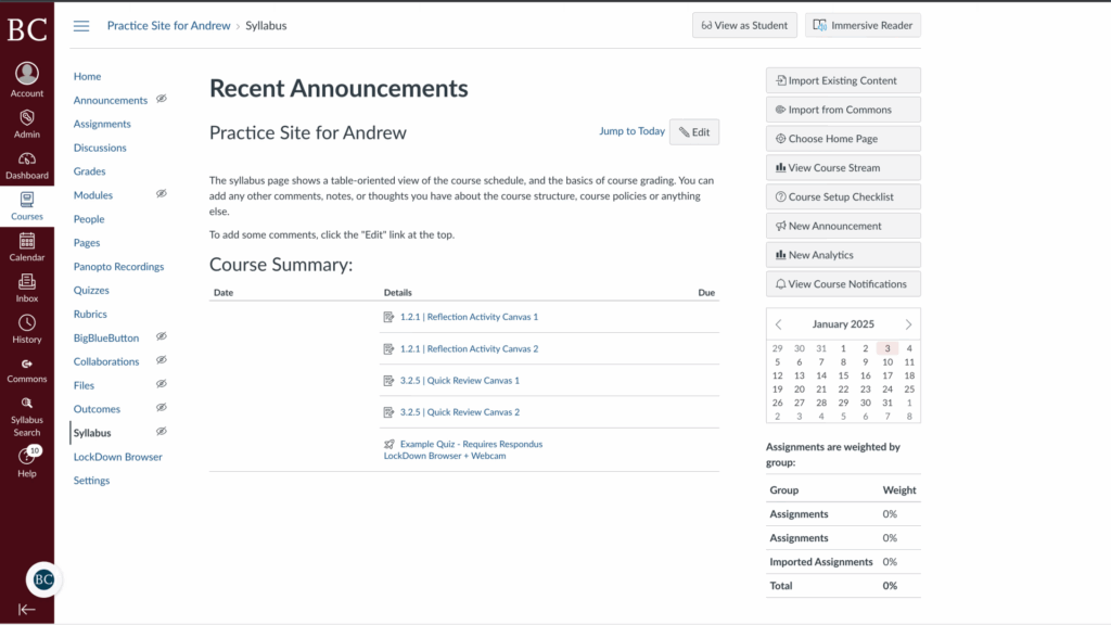 Screenshot of a course webpage titled Recent Announcements with links to course activities and a calendar on the right. A sidebar on the left lists options like Announcements, Grades, and Syllabus.