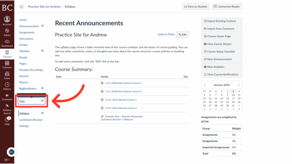 A screenshot of a course webpage shows a navigation menu on the left. A red arrow points to the “Files” option, which is highlighted, indicating where to click. The main panel displays course announcements and a list of activities.