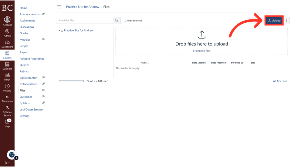 A screenshot of a file upload page with a red arrow pointing to the blue Upload button in the top right corner. The center of the page says, Drop files here to upload or choose files.