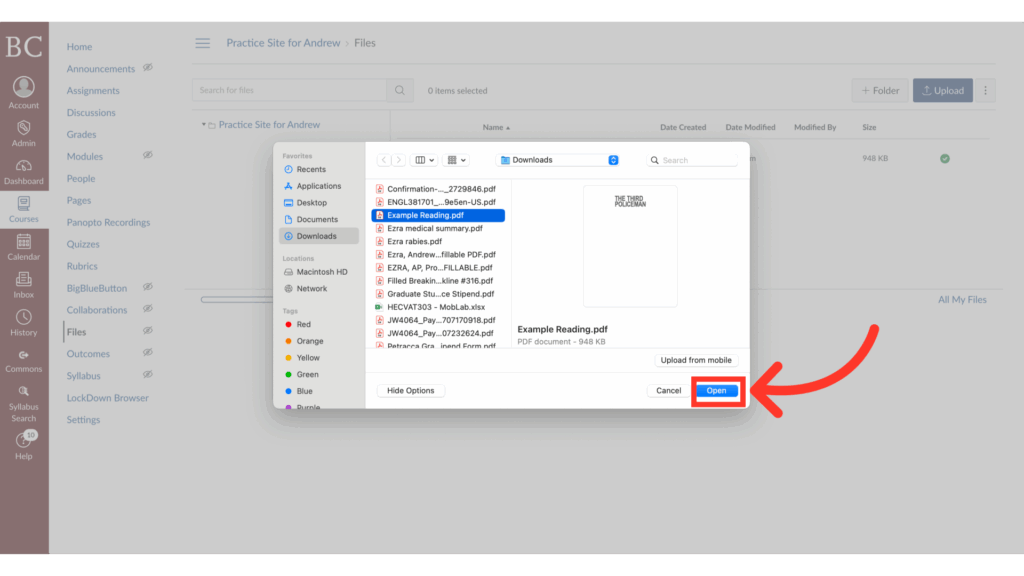 A computer screen shows a file upload dialog box with a PDF file selected and a red arrow pointing to the highlighted Open button. The background is a website titled Practice Site for Andrew.