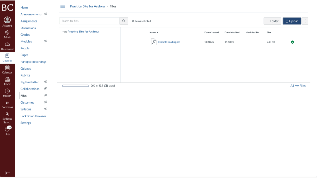 Screenshot of a course files page on a learning management system, showing a single PDF file named Example Readings.pdf and navigation options on the left side menu.