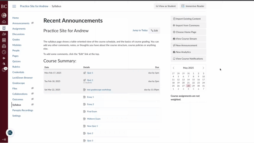 Screenshot of a course announcements page showing a course summary with assignment due dates, details, and a calendar for May 2025 on the right. Navigation menus and various course-related buttons are visible on the sides.