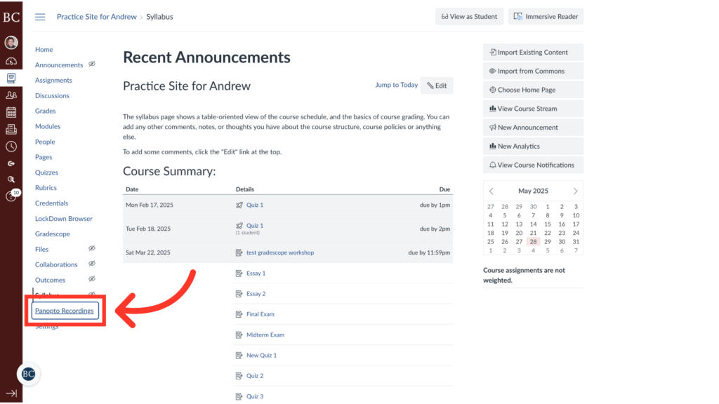 A computer screenshot of a Canvas course’s Announcements page. A red arrow points to the “Panopto Recordings” tab in the left sidebar. The main page shows a “Course Summary” list with assignment due dates.
