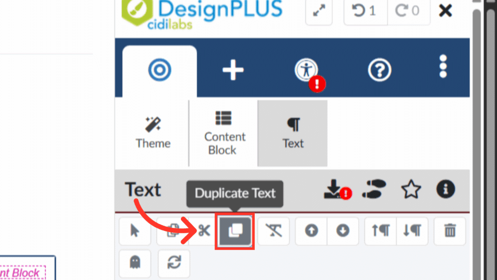 A screenshot of the DesignPLUS editing toolbar showing the “Duplicate Text” button, highlighted with a red box and arrow pointing to it, under the Text section.