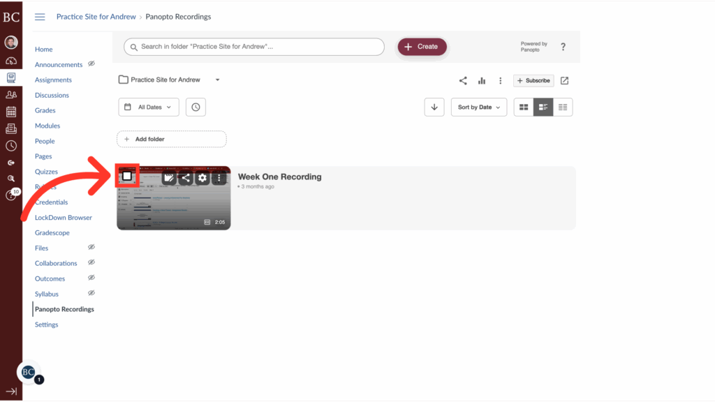 A screenshot of a Panopto Recordings page showing a Week One Recording video. A large red arrow points to the play button on the video thumbnail. The sidebar displays menu options like Announcements and Assignments.