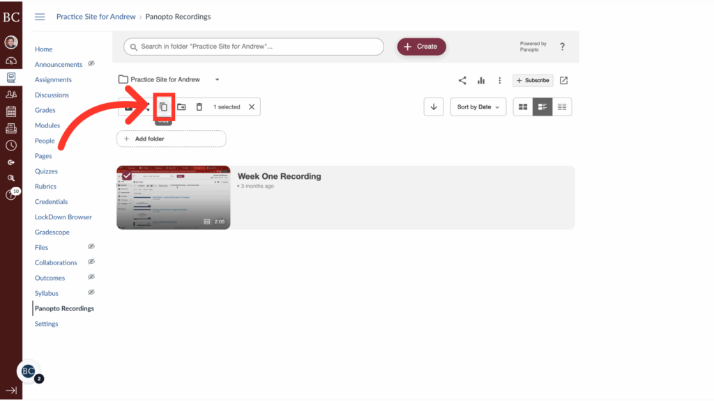 A screenshot of a Panopto Recordings page in a Canvas course, with a red arrow pointing to a trash can icon above a video titled Week One Recording.” The left sidebar shows various navigation options.