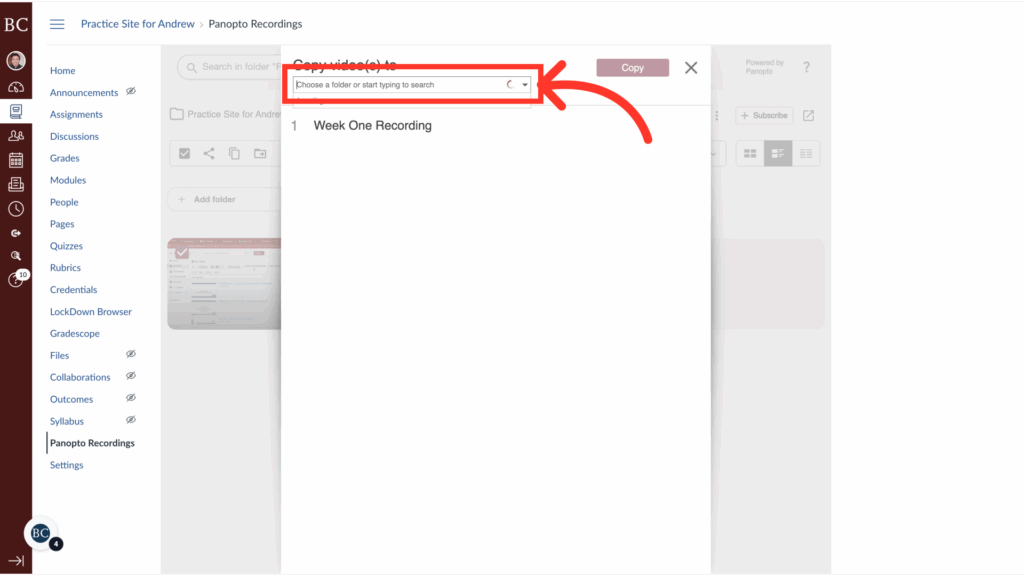 A screenshot of a Panopto Recordings page with a large red arrow pointing to a search bar labeled Choose students or start typing to search. The background shows a blurred menu and sidebar with course navigation options.