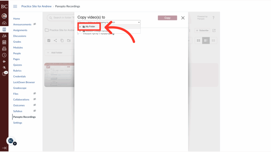 Screenshot of a web page showing a “Copy video(s) to” pop-up box with a red arrow pointing to a dropdown menu labeled “My Folder.” The left sidebar displays navigation options like Announcements and Assignments.