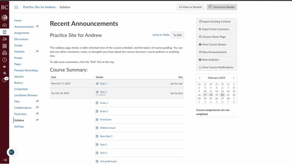 A course management dashboard shows recent announcements and a course summary with assignments and due dates. Navigation links are on the left, options on the right, and a calendar displays February 2025.