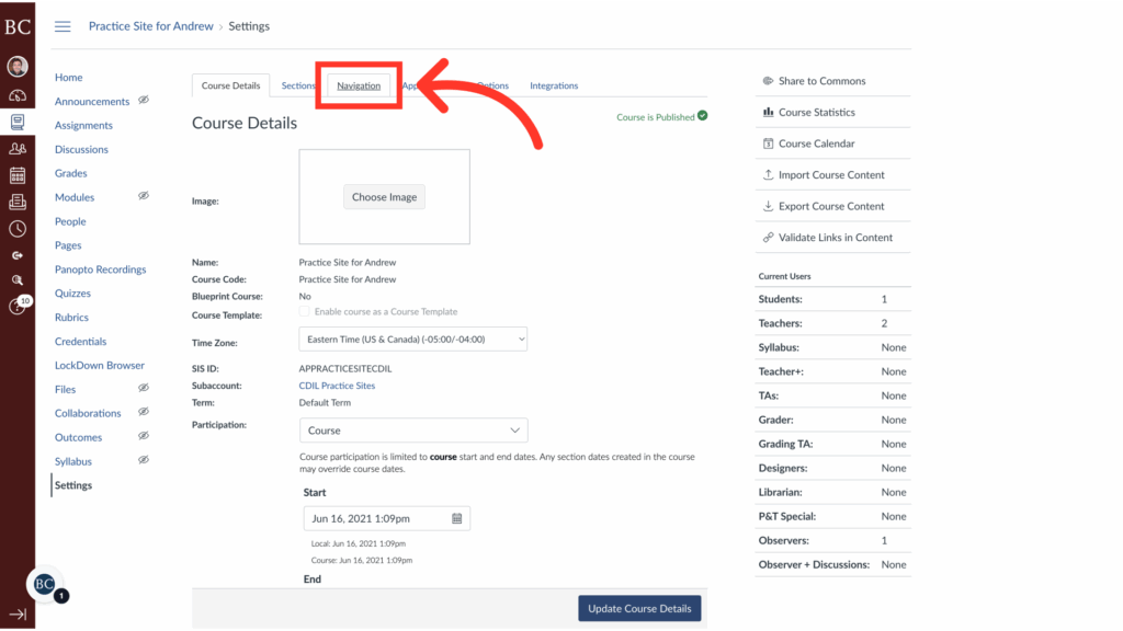 Screenshot of a course settings page with a red arrow pointing to the Navigation tab. The page displays course details like name, course code, time zone, and start/end dates, with options to update or publish the course.