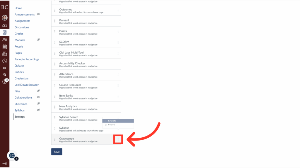 A computer screen shows a Canvas course settings page. A red arrow points to a crossed-out eye icon next to Gradecopier in the course navigation menu, indicating it is hidden from students.