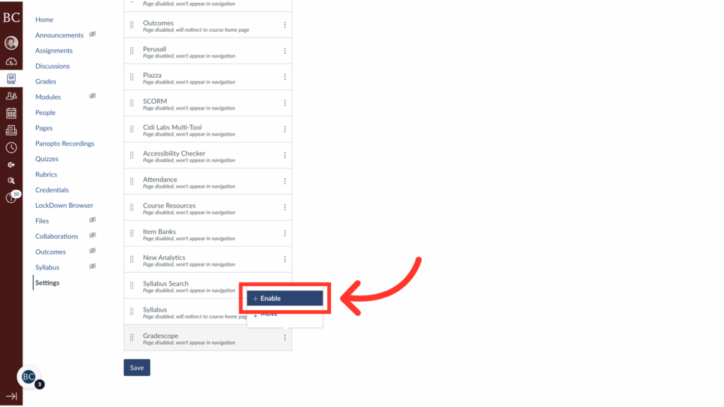 A computer screen displays an online course settings menu with a red arrow pointing to a highlighted Enable button next to Syllabus Search. Other tools and options are listed in the menu.