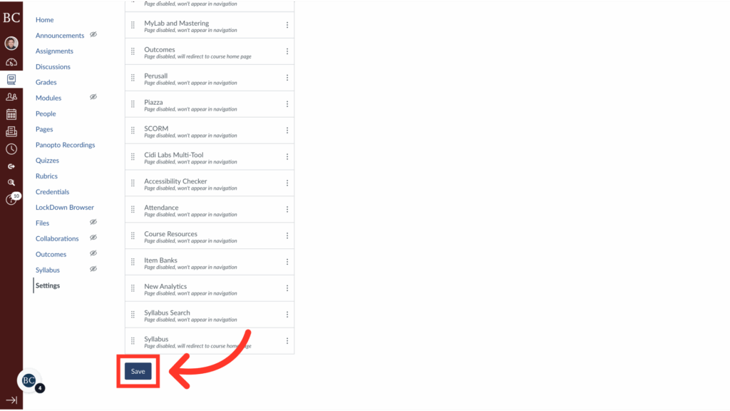 A screenshot of a Canvas course settings page shows a red arrow pointing to a blue Save button at the bottom left, with the course navigation menu displayed on the left side.