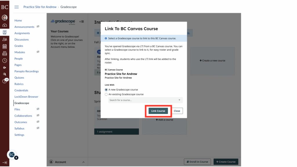 A pop-up window titled Link To BC Canvas Course appears over a Canvas dashboard. The Link Course button is highlighted in red at the bottom of the window. The background shows course tools and navigation.