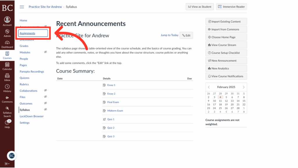A screenshot of a course webpage with a red arrow pointing to the “Assignments” link in the left sidebar. The page title is “Recent Announcements” and several assignments are listed in the main section.