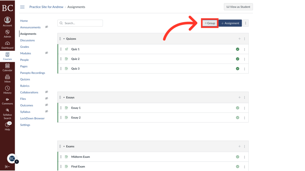 A screenshot of an online course assignments page shows a red arrow pointing to the +Group and +Assignment buttons at the top right, highlighting how to add a new assignment group or assignment.