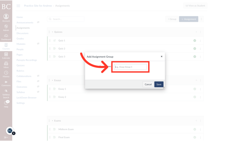 A screenshot shows the “Add Assignment Group” popup in a learning management system, with a red arrow pointing to a highlighted text field labeled “Essay Group 1.” The “Save” and “Cancel” buttons are below.