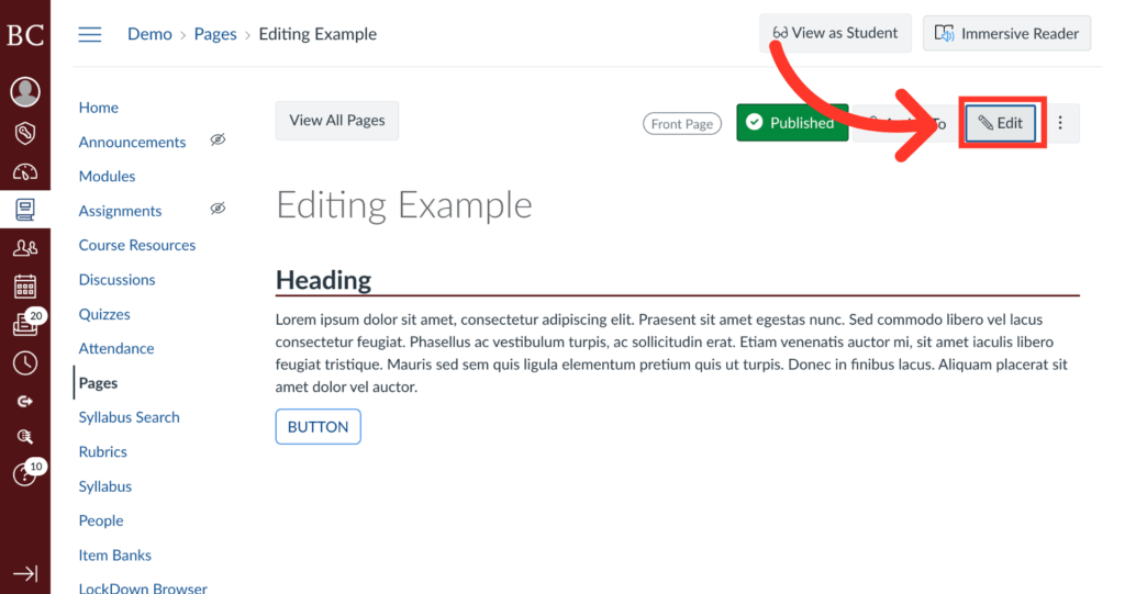 A webpage titled Editing Example is shown. Two red arrows point to a gray Edit button in the upper right area of the page. The sidebar menu includes links like Home, Announcements, Modules, and Pages.