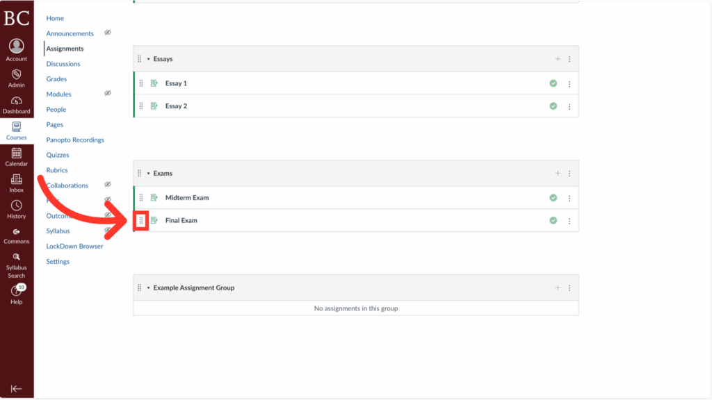 A screenshot of a Canvas LMS course page shows a red arrow pointing to the calendar icon next to Final Exam under the Exams section. The left sidebar features various navigation options.