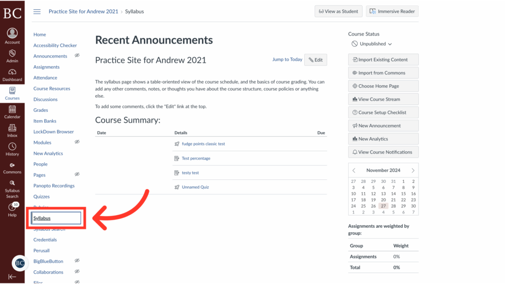Screenshot of a course webpage showing recent announcements. A large red arrow points to the Syllabus link in the left navigation menu, highlighting where to access the course syllabus.