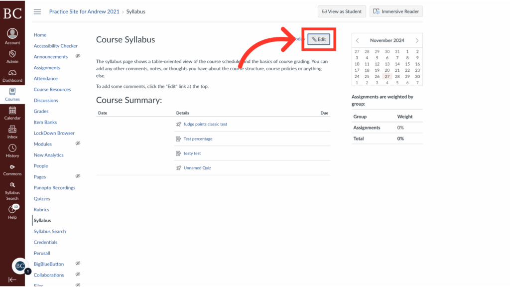 A screenshot of a course syllabus page with a large red arrow pointing to an “Edit” button in the upper right. The left sidebar displays navigation options, and a calendar is visible on the right side.